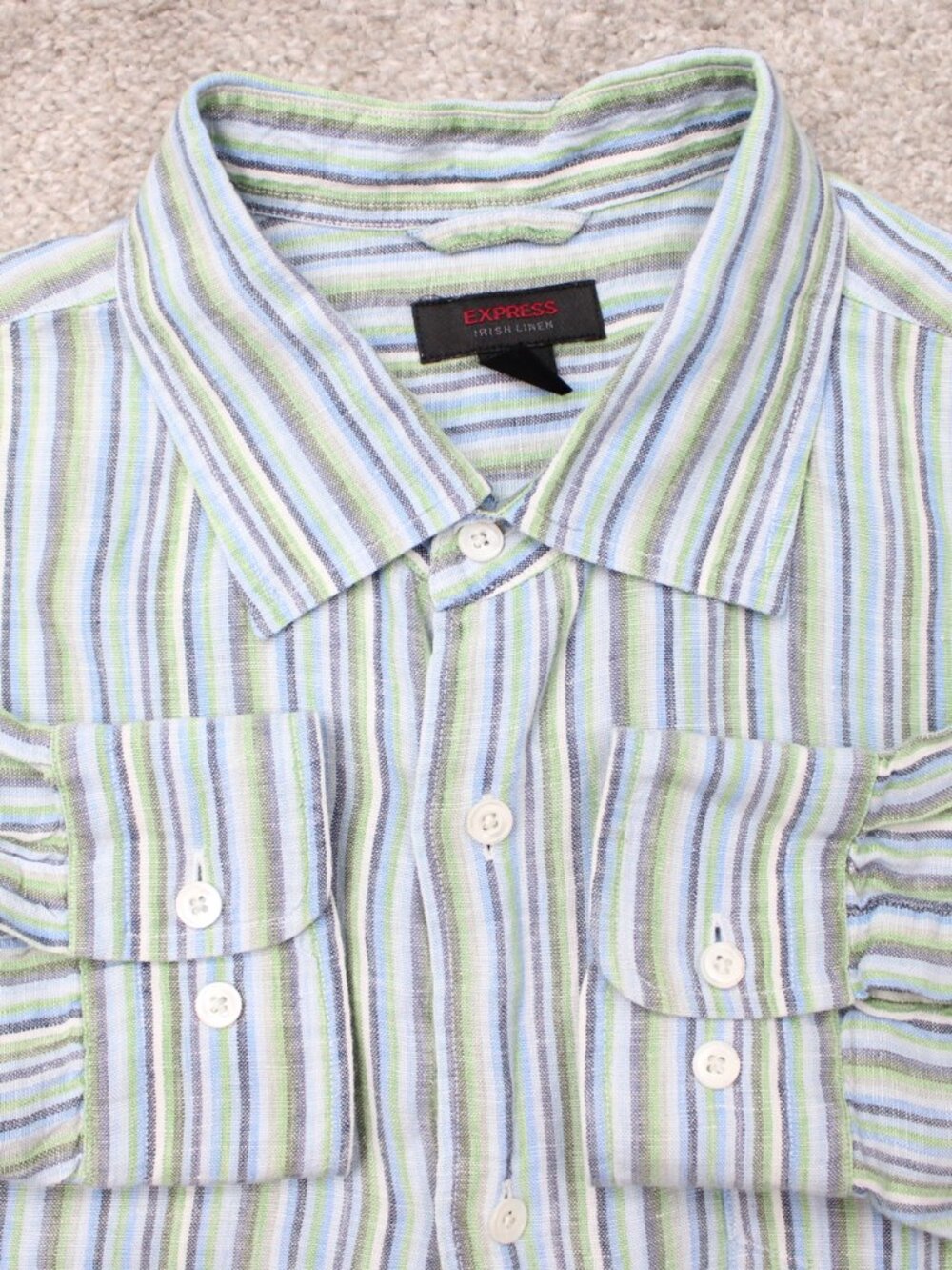 Express Shirt Mens XL Green/Blue Striped 100% Irish Linen Long Sleeve Button